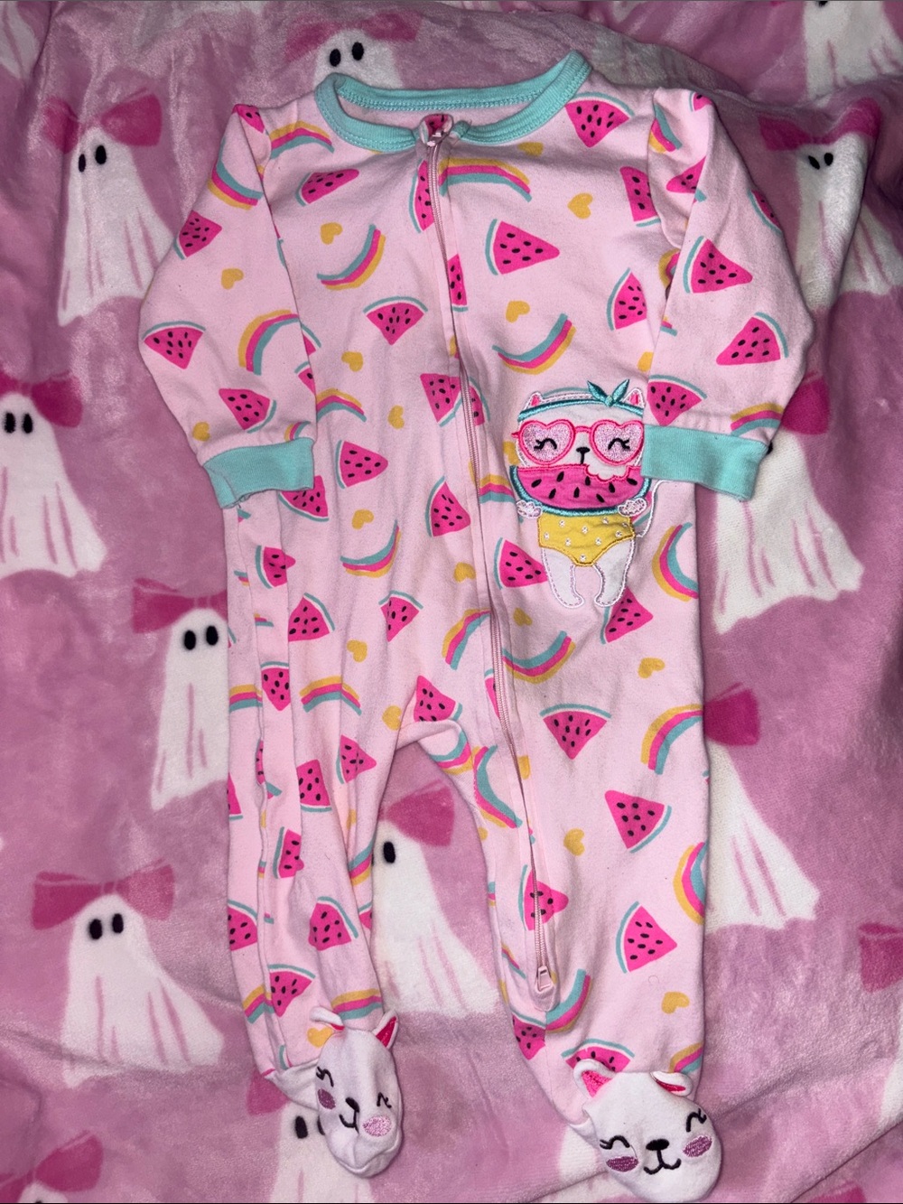 Pink Watermelon & Rainbow Footed One-Piece Pajama